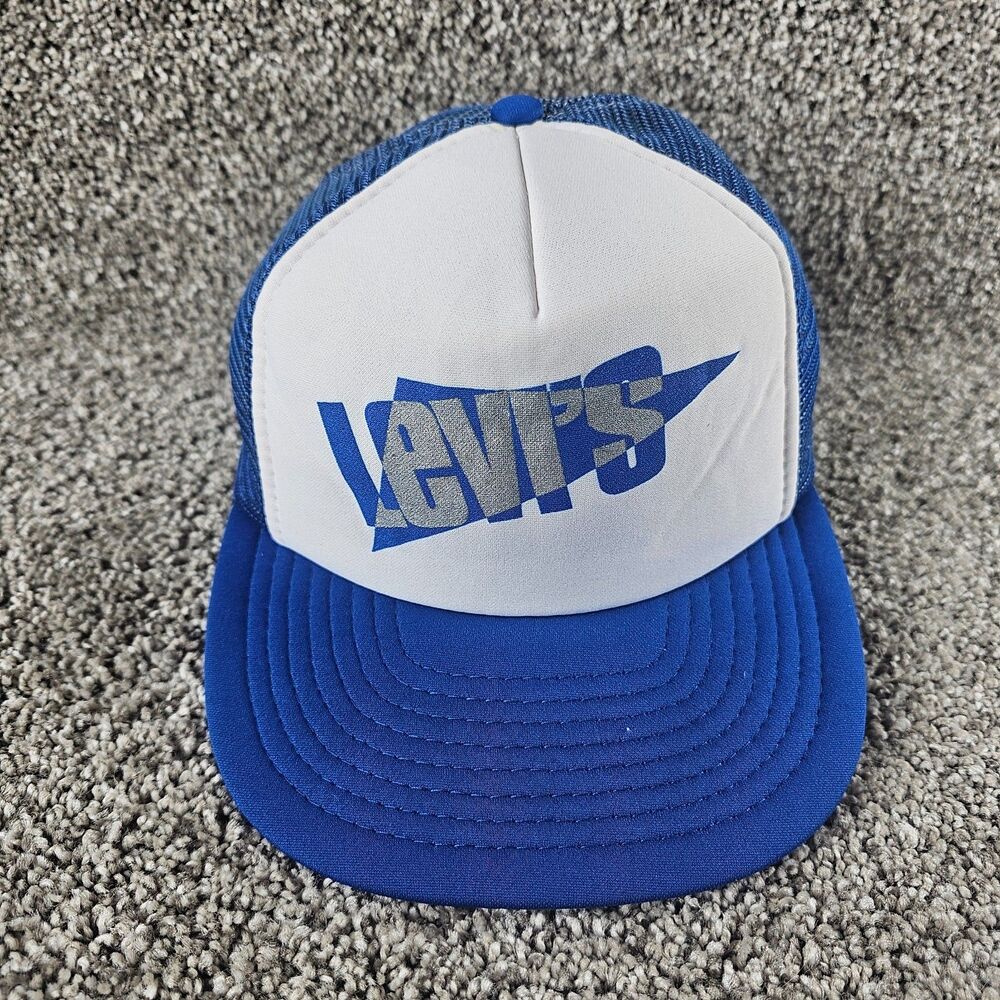 Vintage Levis Hat Cap Trucker Mesh Strap Back Blue White 90s Geometric Spell Out